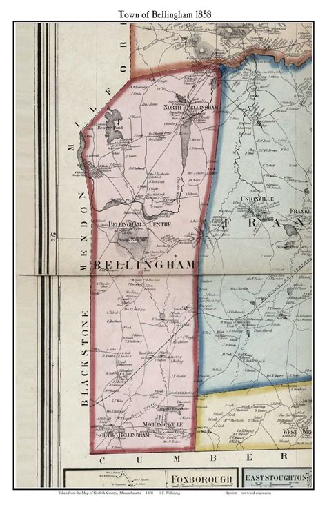 Bellingham Massachusetts 1858 Old Town Map Custom Print Norfolk Co