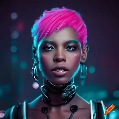 Cyberpunk Illustration Of A Black Woman With Pink Hair On Craiyon