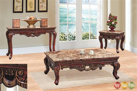 Round dining table ideas such as those in the images presented here are extremely trendy in appearance and are available in plenty of colors and styles. Traditional 3 Piece Living Room Coffee & End Table Set w/ Marble Tops