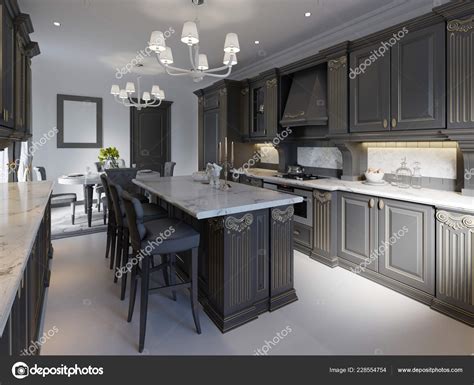 Modern Classic Kitchen Design Black Cabinets White Marble Worktop Floor