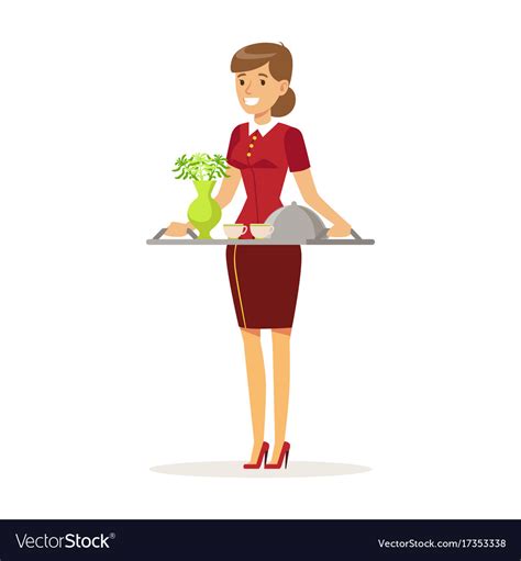 Cheerful Waitress Character Wearing Uniform Vector Image