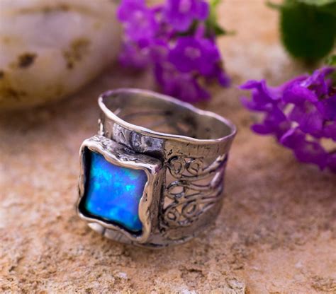 Blue Opal Ring Silver Opal Ring Sterling Silver Ring Blue Etsy