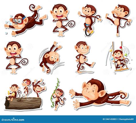 Sticker Set Of Funny Monkey Cartoon Characters Stock Vector