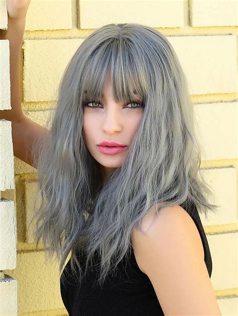 Natural Shoulder Curly Wig With Bangs Shein Usa Grey Hair With