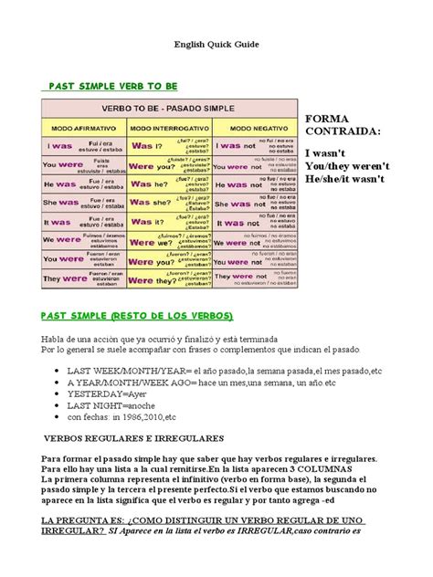 English Quick Guide Past Simple Bilingual Guide Pdf Morfología