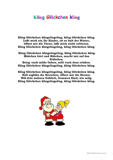 Hier zum auffrischen die texte der beliebtesten deutschsprachigen weihnachtslieder sowie den text hatte joseph mohr zwei jahre zuvor als gedicht verfasst. Kling Glöckchen kling Arbeitsblatt - Kostenlose DAF Arbeitsblätter