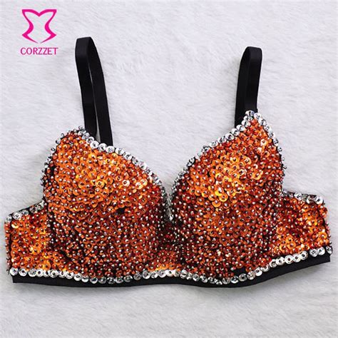 Orange Beads Sequin Sostenes Muje Push Up Bra Bralette Top Burlesque Bras Underwear Women