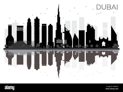 Dubai City Skyline Black And White Silhouette With Reflections Vector