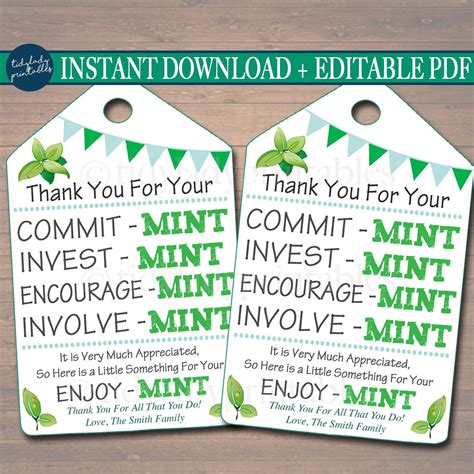 Printable Thank You Tags Volunteer Mint Labels Printable Instant