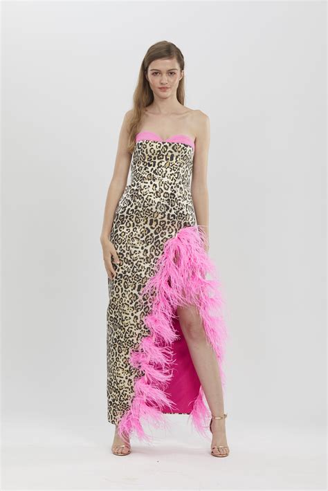 Sginstar Jane Shocking Pink Feather Boa Leopard Dress Feather Cocktail Dress