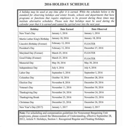 Holiday Schedule Template 16 Free Pdf Word Documents Download