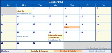 October 2029 Australia Calendar With Holidays For Printing Image Format