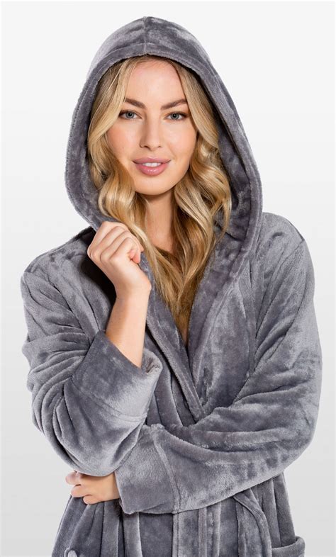 Luxury Bathrobes Plush Robes Super Soft Gray Plush Hooded Womens