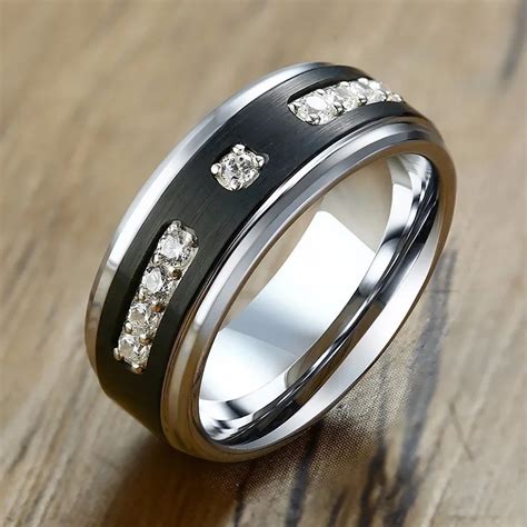Gents Tungsten Wedding Ring With Cz Band For Men 8mm Two Tone Tungsten
