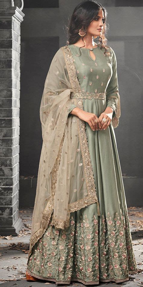 Sage Green Designer Embroidered Silk Satin Floor Length Anarkali Suit