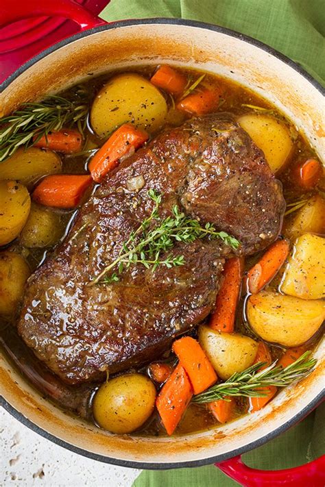 After searing the beef and quickly sautéing the onions, the meat is slowly simmered on the stovetop. Pot Roast with Potatoes and Carrots - Cooking Classy
