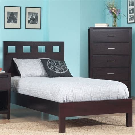 This is not only pleasing to the eye with a sleek, open design, it's also versatile for added convenience, as certain sizes can accept underbed drawers, a trundle, or both. Modus Furniture Nevis Riva Modern Low Profile Platform Bed in Espresso - RVP23-XX