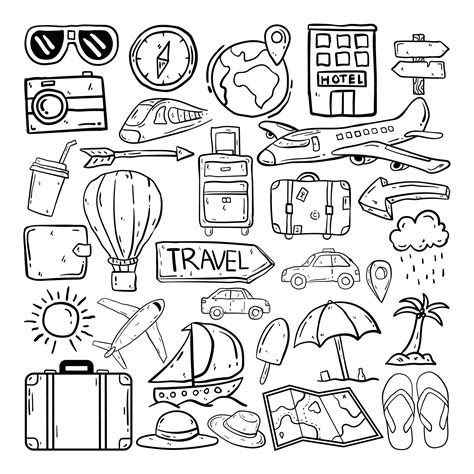 Set Of Travel Doodle Elements Vector Illustration In Hand Drawn Style