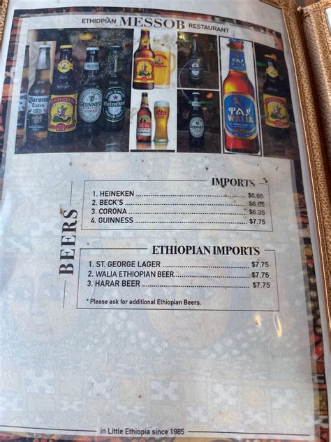 Menu at Messob Ethiopian Restaurant, Los Angeles