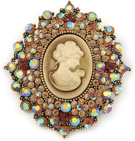 Avalaya Oversized Crystal Tan Coloured Cameo Broochpendant In Gold