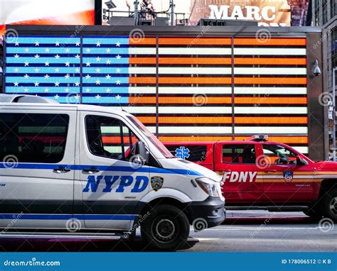 Fdny And Nypd Arrive After Taxi Accident In Nyc Editorial Photo
