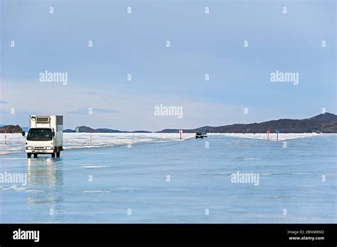 Official Ice Road Lake Baikal Siberia Russia March 2015 Stock Photo