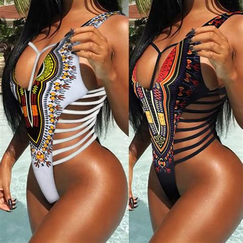 womail dashiki african print one piece swimsuit sexy monokini high cut bandage swimwear women