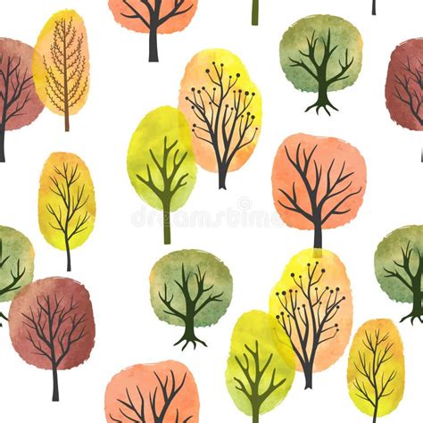 Seamless Watercolor Autumn Trees Pattern Vector Abstract Autumn Forest