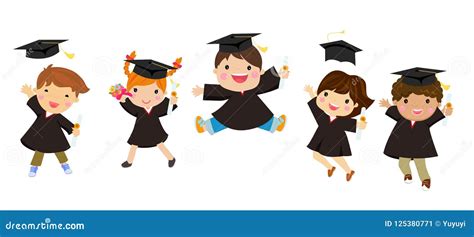 Graduating Kids Jumping With Hats Flying In The Air Stock Vector