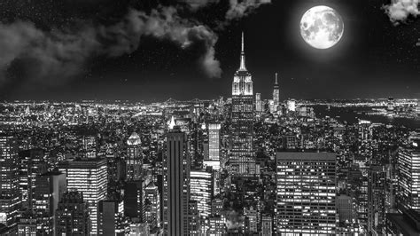Wallpaper Night City Bw Full Moon New York Usa Hd Widescreen