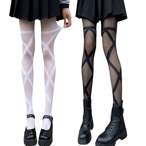 New Women Sexy Sheer Pantyhose Criss Cross Bandage Striped Patterned Tights Stockingtights
