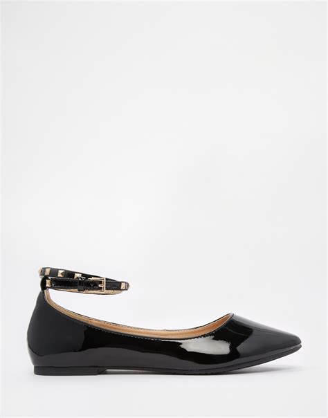 Daisy Street Black Studded Ankle Strap Ballet Flat Shoes In Black Lyst