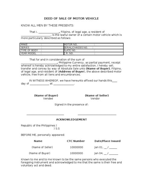 Deed Of Sale Of Motor Vehicle Template Pdf Natural Resources Law