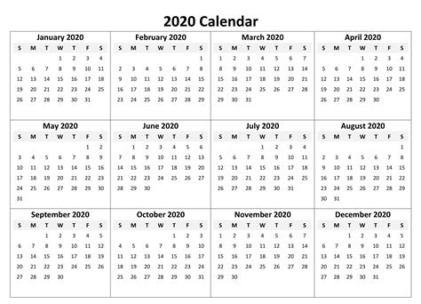 Printable 2020 Yearly Calendar With Boxes Calendar Template Printable
