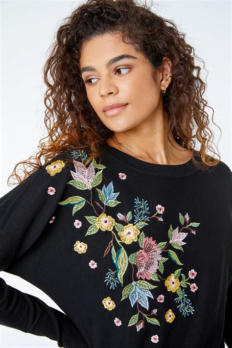 Floral Embroidered Jumper In Black Roman Originals Uk