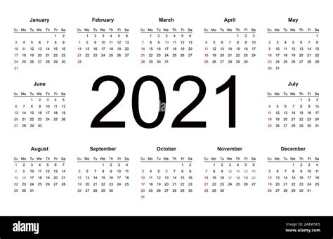 Calendar 2021 Year Simple Style Week Starts From Sunday Isolated
