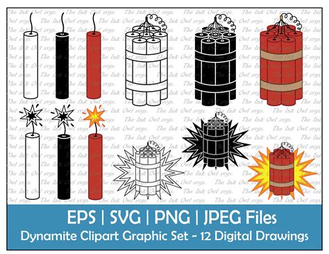 Dynamite Explosives Vector Clipart Set Outline And Stamp Etsy