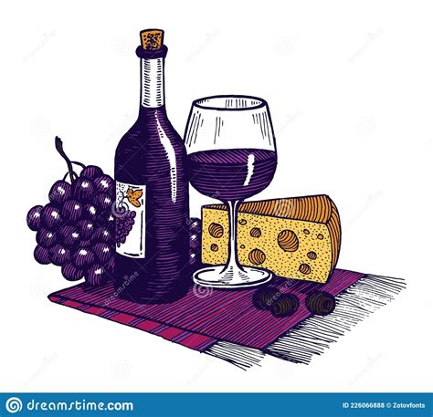 Still Life With A Bottle Of Wine A Glass Grapes And Cheese Vector
