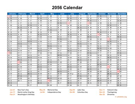 2056 Calendar Horizontal One Page