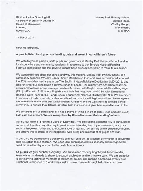 Having read through your job description, i am certain that i would be a fantastic fit for your organization after my numerous accomplishments and nine years of secretarial experience. Letter to Justine Greening MP from the Friends of Manley Park Primary School.
