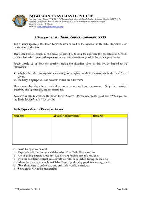 Toastmasters Table Topics Evaluation Form | Cabinets Matttroy