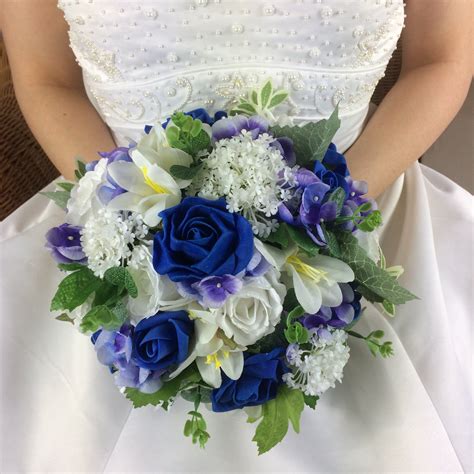 Wedding Bouquet Of Artificial Silk Royal Blue And White Flowers In 2020