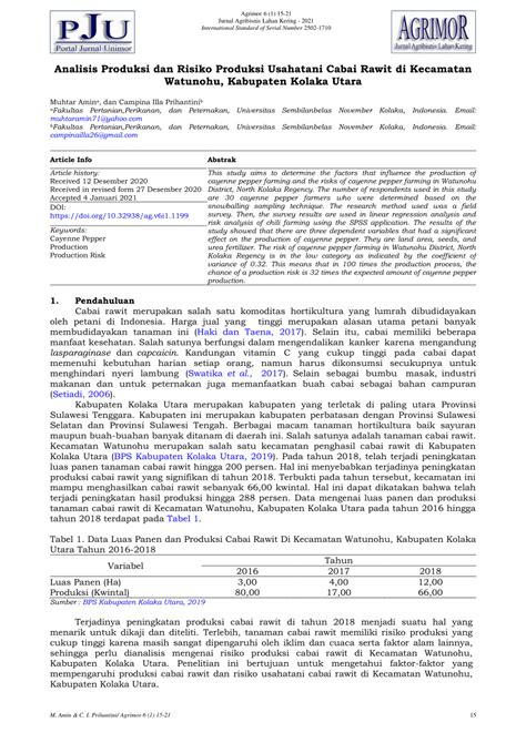PDF Analisis Produksi Dan Risiko Produksi Usahatani Cabai Rawit Di