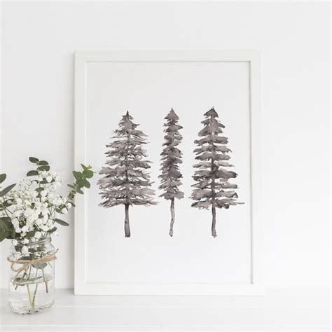 Modern Minimalist Black White Pine Tree Trio Wall Art Print Or Canvas