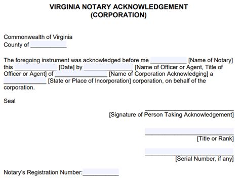 Free Virginia Notary Acknowledgement Corporation Pdf Word