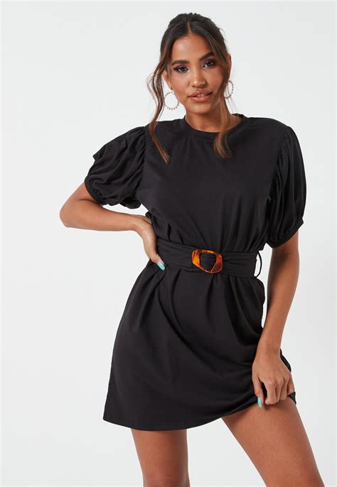Black Puff Sleeve Belted Jersey Mini Dress Missguided