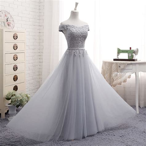 Cute A Line Gray Lace Off Shoulder Prom Dress Lace Evening Dresses