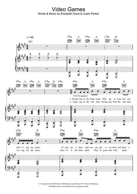 Video Games Sheet Music Lana Del Rey Piano Vocal And Guitar Chords