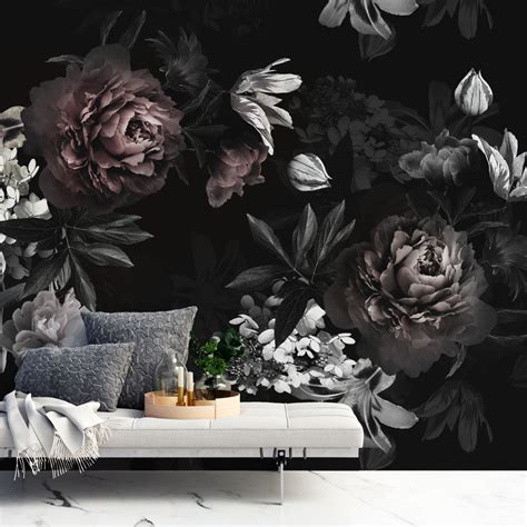 Realistic Dark Peony Floral Bouquet Wallpaper Mural Wallpaper Wallmur