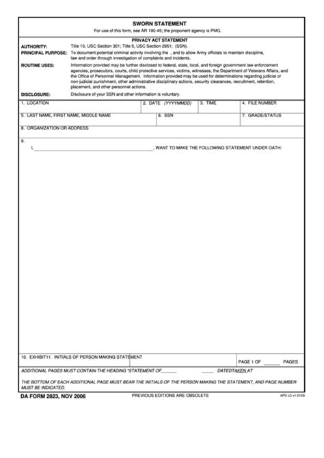 Fillable Da Form 2823 Sworn Statement Printable Pdf Download